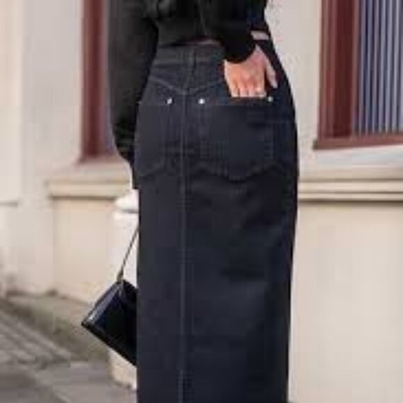 CUPSHE DARK BLUE DENIM HIGH WAIST SPLIT FRONT MIDI SKIRT SIZE SMALL NWT - Picture 2 of 6